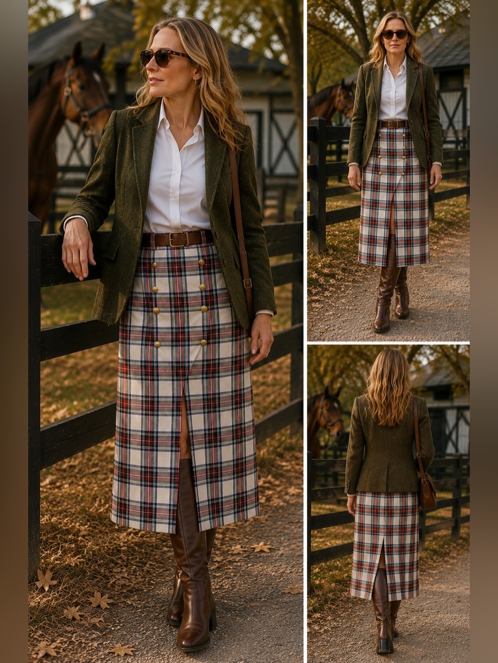 Vintage German Tartan Plaid Pleated Midi Skirt Gold Crest Buttons